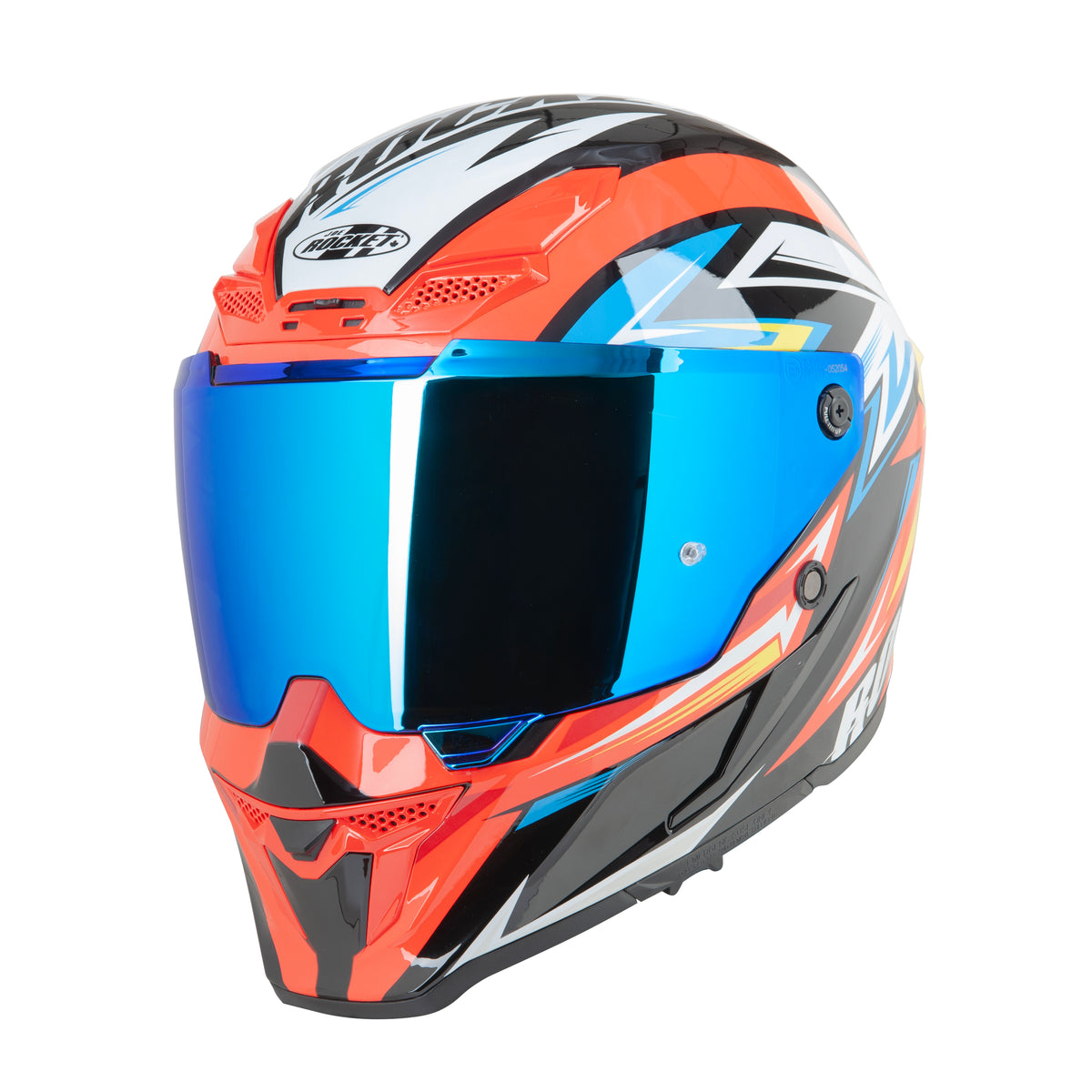 Revo Blue Joe Rocket Motorcycle Helmet Shield On a red RKT 240-Series Helmet