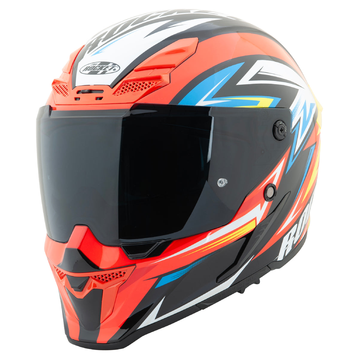 red and yellow Joe Rocket Canada RKT 240-series motorcycle helmet on a white background