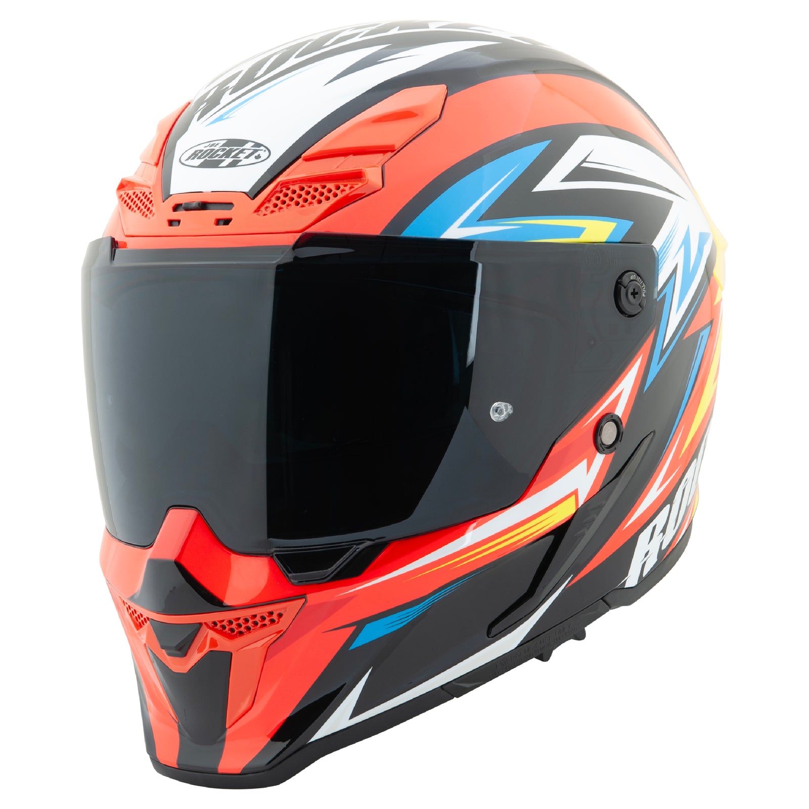 red and yellow Joe Rocket Canada RKT 240-series motorcycle helmet on a white background