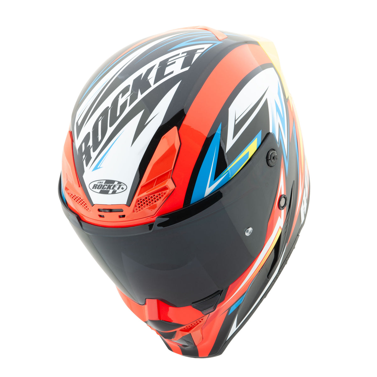 red and yellow Joe Rocket Canada RKT 240-series motorcycle helmet on a white background