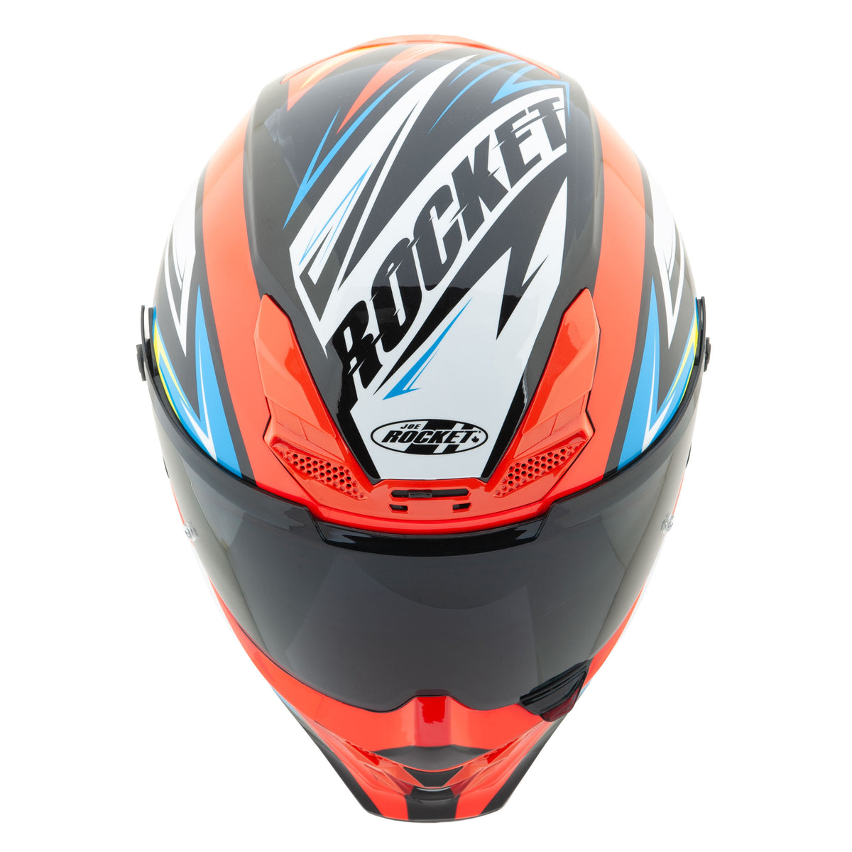 red and yellow Joe Rocket Canada RKT 240-series motorcycle helmet on a white background