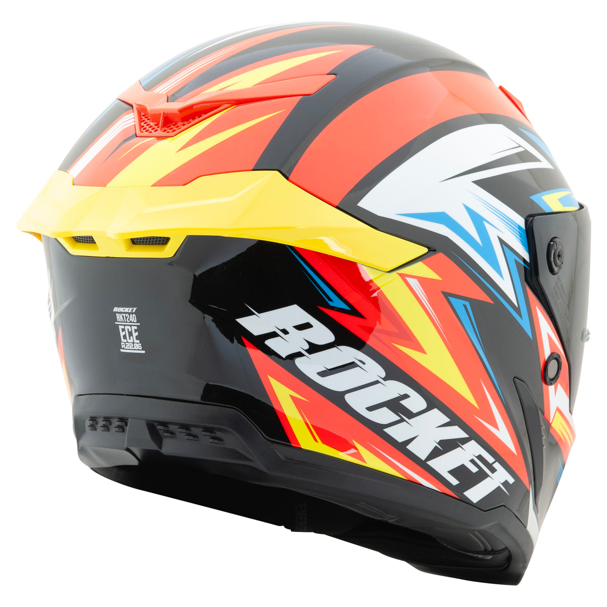 red and yellow Joe Rocket Canada RKT 240-series motorcycle helmet on a white background