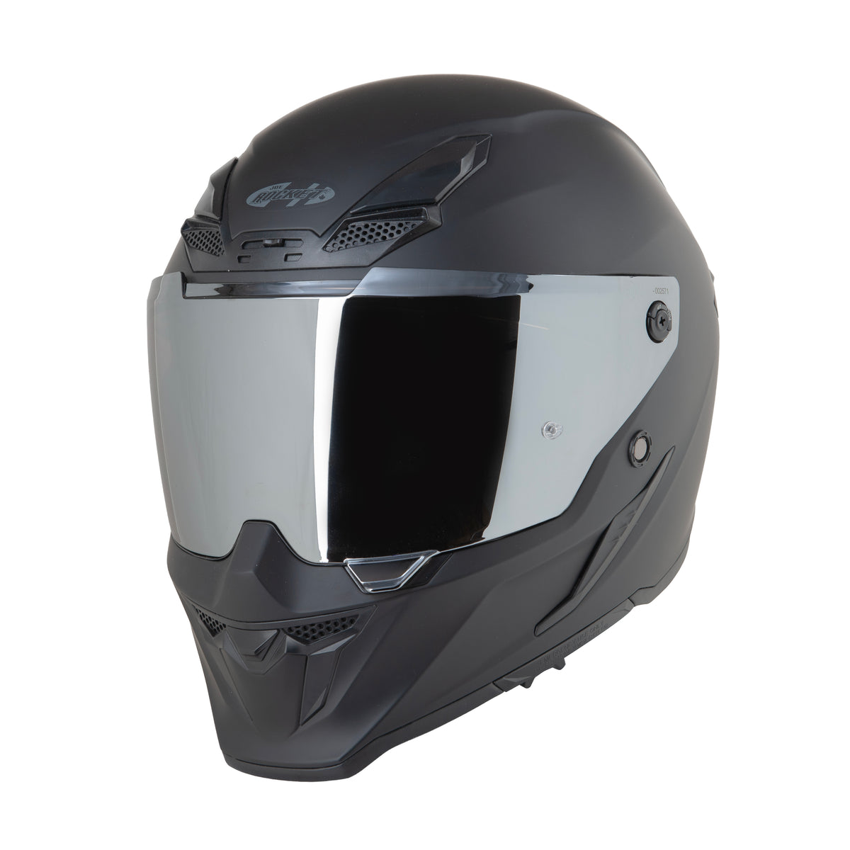 Silver Joe Rocket Motorcycle Helmet Shield On a Black RKT 240-Series Helmet